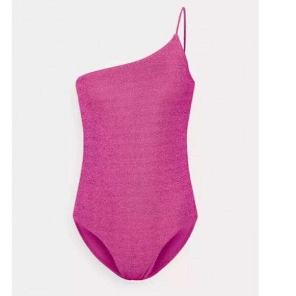 NWT Good American 90s One Shoulder Hawaiian Pink Sparkle One Piece Bathing Suit - Picture 1 of 8